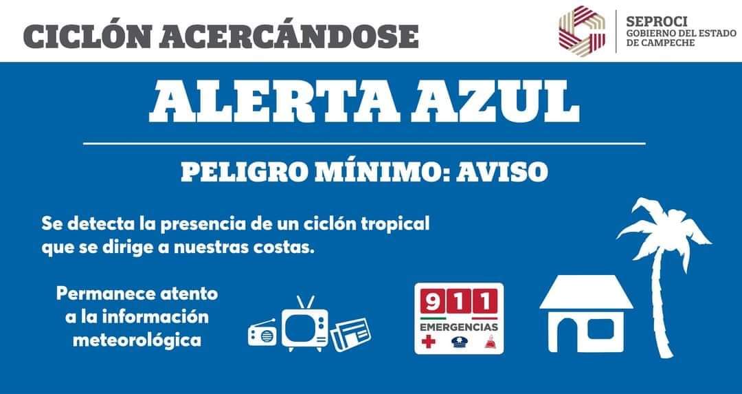 📢📢 Alerta Azul de Acercamiento🔵🔵 para los municipios del Norte (Calkiní, Dzitbalché Hecelchakán y Tenabo), Centro (Campeche, Seybaplaya y Champotón) y Suroeste (Carmen y Palizada), por la presencia del huracán RAFAEL en las inmediaciones del Golfo de México.