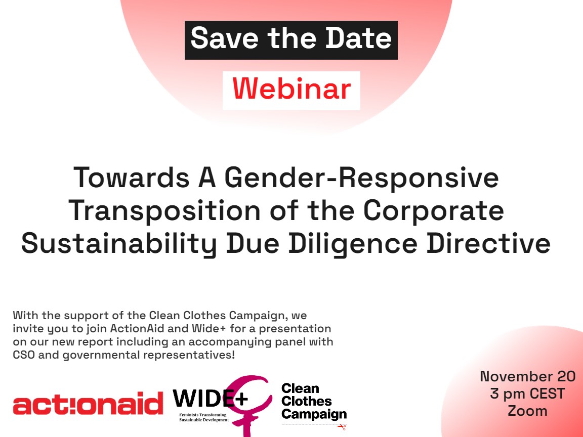 ActionAid EU (@actionaideu) on Twitter photo Wondering how the EU’s #CSDDD holds up against our gender-responsiveness standards? Free November 20th at 3 pm CET? 🗓️
Join us, <a href="/FeministWIDE/">feministWIDE</a>, and experts in the field, as we discuss the findings in our latest report and ways forward with key panelists! shorturl.at/BakFO Wondering how the EU’s #CSDDD holds up against our gender-responsiveness standards? Free November 20th at 3 pm CET? 🗓️
Join us, <a href="/FeministWIDE/">feministWIDE</a>, and experts in the field, as we discuss the findings in our latest report and ways forward with key panelists! shorturl.at/BakFO