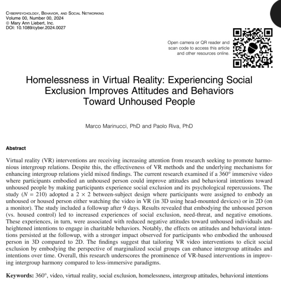 Marco Marinucci (@marc0marinucci) on Twitter photo In our <a href="/ConnectLab16/">Social Connections & Technology LAB</a> new research on <a href="/Cyberpsych_Jn/">Cyberpsychology Journal</a> we found that experiencing homelessness in VR can lead to improved attitudes and behavioral intentions toward homeless people, lasting up to a follow-up after ten days
Here the paper: liebertpub.com/doi/10.1089/cy… In our <a href="/ConnectLab16/">Social Connections & Technology LAB</a> new research on <a href="/Cyberpsych_Jn/">Cyberpsychology Journal</a> we found that experiencing homelessness in VR can lead to improved attitudes and behavioral intentions toward homeless people, lasting up to a follow-up after ten days
Here the paper: liebertpub.com/doi/10.1089/cy…