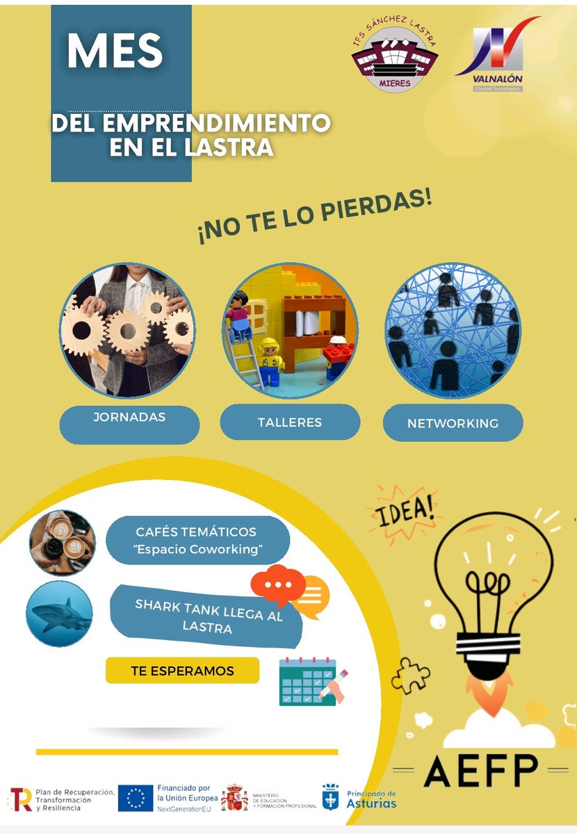 iessanchezlast's tweet image. 🚀 Próximamente...
No te pierdas nuestro mes del emprendimiento en el Lastra, dentro del Proyecto Aulas de Emprendimiento FP: jornadas, talleres, cafés temáticos empresas, concursos...
#iessanchezlastra
 @Valnalon #FP #AEFP #Planderecuperacion #NextGenerationUE #MEFP @educastur