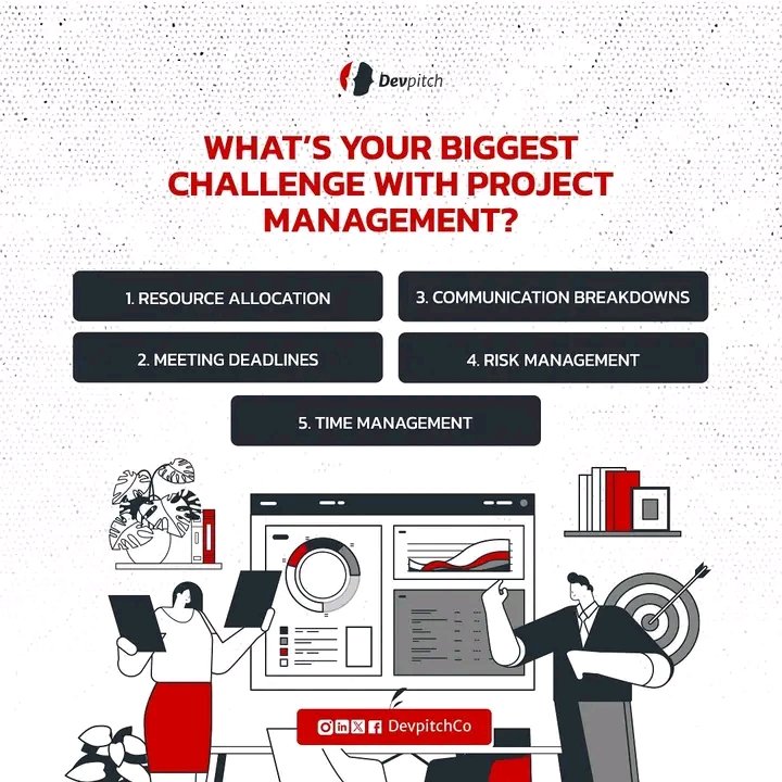 DevpitchCo's tweet image. Managing a project comes with its unique set of challenges. From resource allocation to time management, every aspect requires focus and skill. Which challenge resonates the most with you?
#ProjectManagement #ResourceAllocation #Communication #RiskManagement #TimeManagement