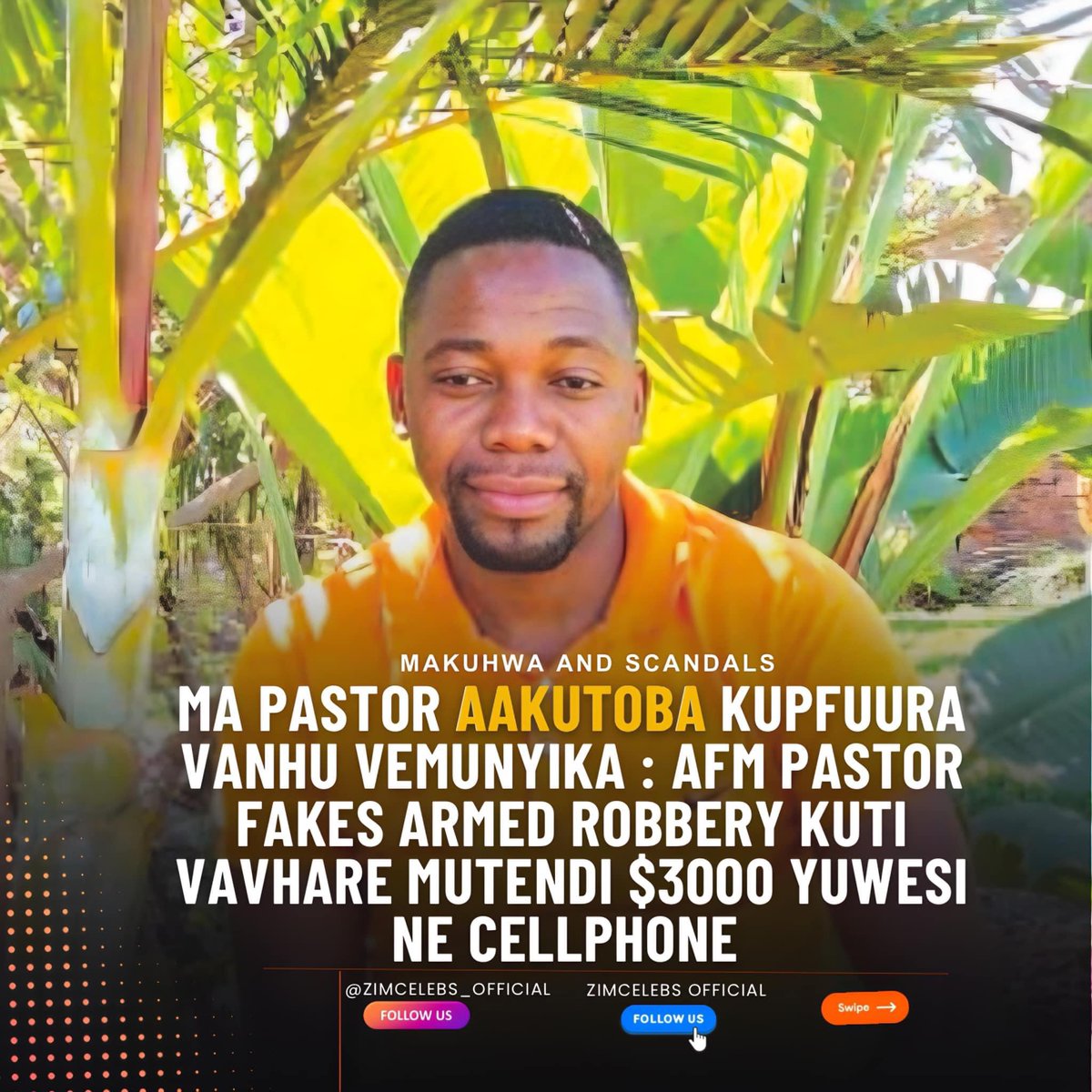 zimcelebs1's tweet photo. #ZCscandals : AFM pastor, Lebraity Makuni, has been arrested for faking an armed robbery.

Pastor Makuni, 28, was alleged to have lodged a false report to police that he lost US$7 500 and other valuables during a violent home invasion in Chitungwiza. He is believed to have faked the armed robbery after receiving US$3000 and a Techno cellphone belonging to one of his congregation members.

Pastor Makuni had promised to deliver maize to the church member, who is into poultry business.

Cred : H-Metro