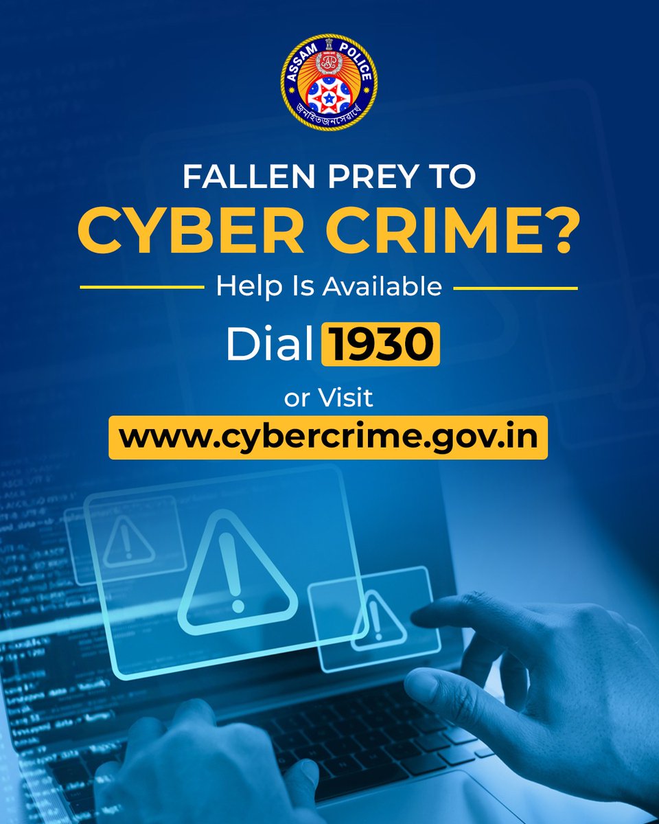 assampolice's tweet photo. Lost Money to Financial Cyber Fraud? 

Dial 1930

Victims of Financial Fraud can call on Helpline Number 1930 within 24 hours for quick &amp; immediate assistance.

#ReportCyberFraud https://t.co/jqVzRHhwJz