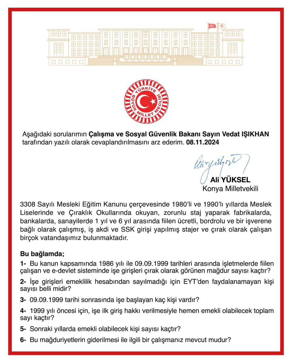 YahyaAtes's tweet photo. Staj ve çıraklık mağdurlarının sorunlarına ilişkin yazılı soru önergesi, Konya Milletvekilimiz Ali Yüksel tarafından TBMM’ye sunulmuştur.
#sondadika https://t.co/oFAfULdbJg