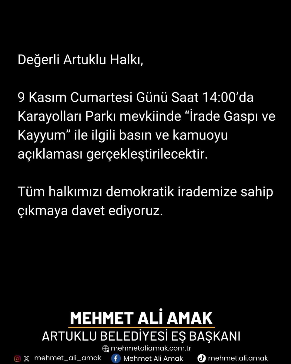 Değerli Artuklu Halkı,

9 Kasım Cumartesi Günü Saat 14:00’da Karayolları Parkı mevkiinde “İrade Gaspı ve Kayyum” ile ilgili basın ve kamuoyu açıklaması gerçekleştirilecektir.

Tüm halkımızı demokratik irademize sahip çıkmaya davet ediyoruz.