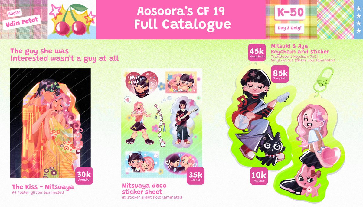 AOSO0RA's tweet photo. [RTs and likes are v appreciated!!]

🪷 Aosoora’s CF19 Full Catalogue🐬
with new additional items!!

🗓 K-50 Udin Petot, DAY 2 ONLY (10 Nov)
🐟 TGSWIIWAGAA, Nana, Dungeon Meshi, Alien stage, Madoka magica, Originals

#comifuro19 #cf19 https://t.co/EKMnwJ6Egg