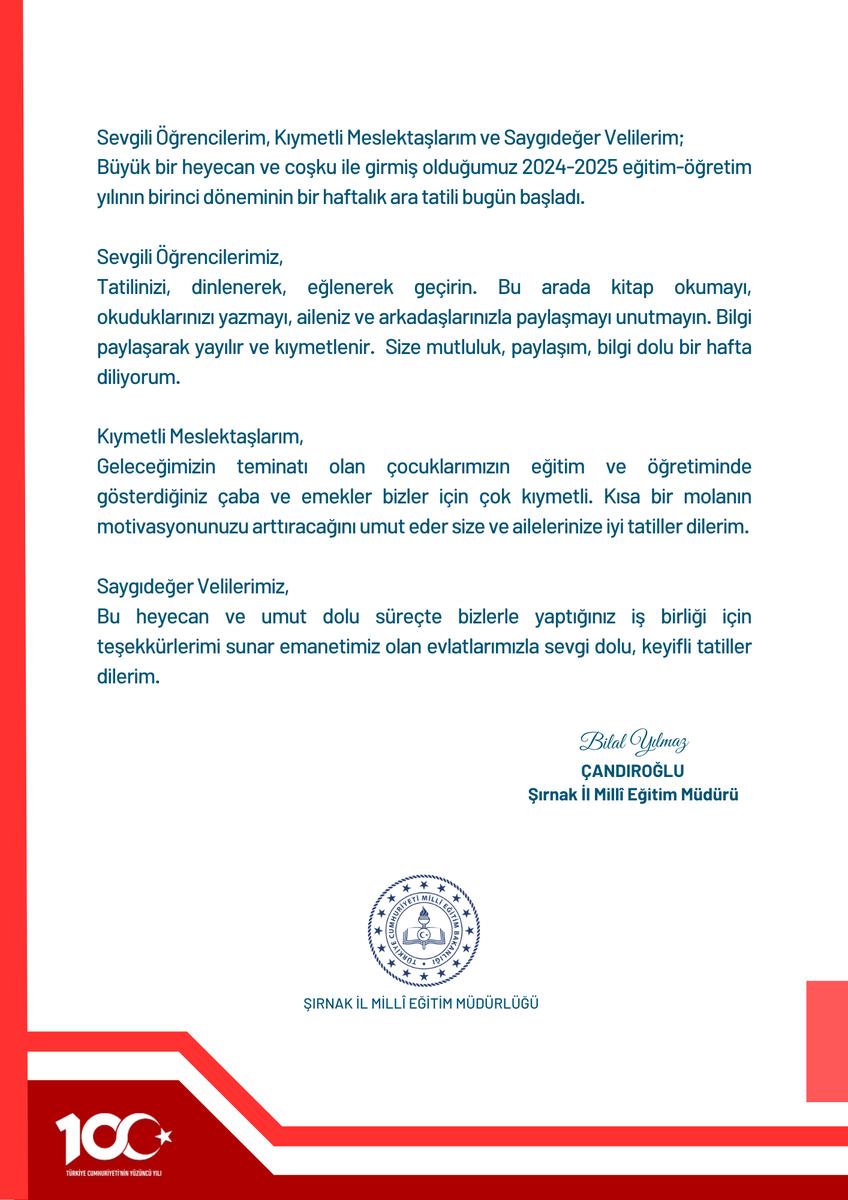 İL MİLLÎ EĞİTİM MÜDÜRÜMÜZ BİLAL YILMAZ ÇANDIROĞLU'NUN ARA TATİL MESAJI

<a href="/tcmeb/">Millî Eğitim Bakanlığı</a> <a href="/Yusuf__Tekin/">Yusuf Tekin</a> <a href="/cftcblnt/">Bülent ÇİFTCİ</a> <a href="/SirnakValiligi/">T.C. Şırnak Valiliği</a> <a href="/BirolEkici73/">Birol Ekici</a> <a href="/bycandiroglu/">Bilal Hoca</a>