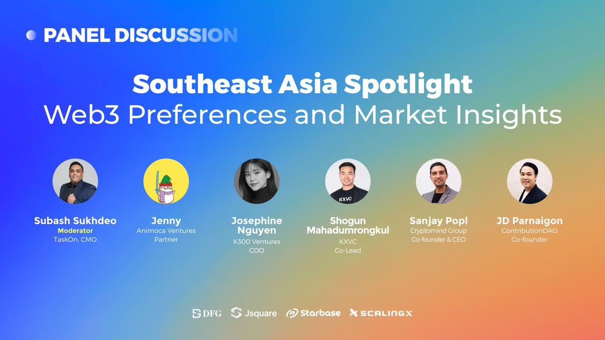 JSquare_co's tweet photo. Panel 2: Southeast Asia Spotlight: Web3 Preferences and Market Insights

Moderator: Subash Sukhdeo @0xBashS, CMO of @taskonxyz

Panelists:
Jenny @jennyqcheng, Partner at @animocaventures
Josephine Nguyen @JoseNguyen2024, COO of @k300ventures
Shogun Mahadumrongkul, Co-Lead of @KXVentures
Sanjay Popl @P23Sanjay, Co-founder & CEO of @cryptomindgroup
JD Parnaigon @jdx168, Co-founder of @contributedao