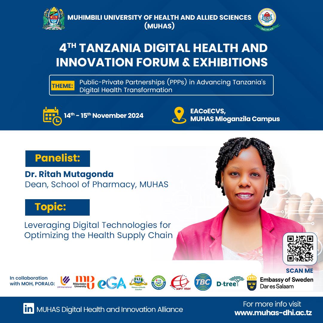 muhas_dhealth's tweet photo. Weβre excited to announce that Dr. Ritah Mutagonda, renowned clinical pharmacologist, and Dean of the School of Pharmacy at MUHAS, will be joining us as a distinguished panelist.
Register here to attend :
https://t.co/CB1HqfY9lO
#DigitalHealthTZ #HealthTransformation https://t.co/puzH6tyUdm