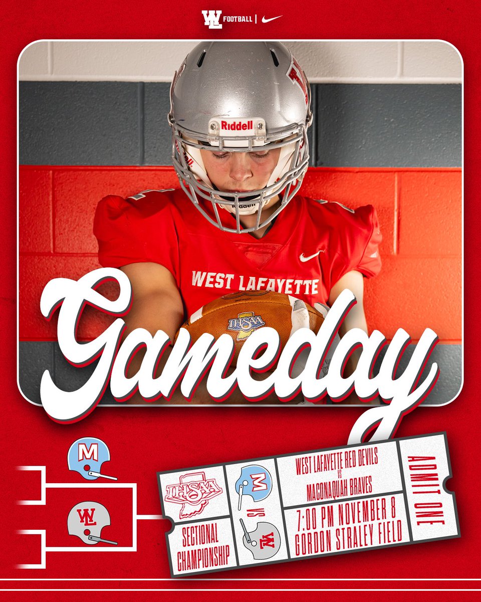 WL Football (@wlfootballrdp) on Twitter photo It's #GAMEDAY
SECTIONAL CHAMPIONSHIP
🏈 » 3A <a href="/WLfootballRDP/">WL Football</a>
🆚 » 3A <a href="/MacBravesFB/">Maconaquah Football</a>
⏱️ » 7:00 PM
📍 » Gordon Straley Field
📻 » 101.7 The Hammer; WJOT 105.9
🎟️ » public.eventlink.com/tickets?t=1013…
#RDP | #DET | #ONEMORE It's #GAMEDAY
SECTIONAL CHAMPIONSHIP
🏈 » 3A <a href="/WLfootballRDP/">WL Football</a>
🆚 » 3A <a href="/MacBravesFB/">Maconaquah Football</a>
⏱️ » 7:00 PM
📍 » Gordon Straley Field
📻 » 101.7 The Hammer; WJOT 105.9
🎟️ » public.eventlink.com/tickets?t=1013…
#RDP | #DET | #ONEMORE