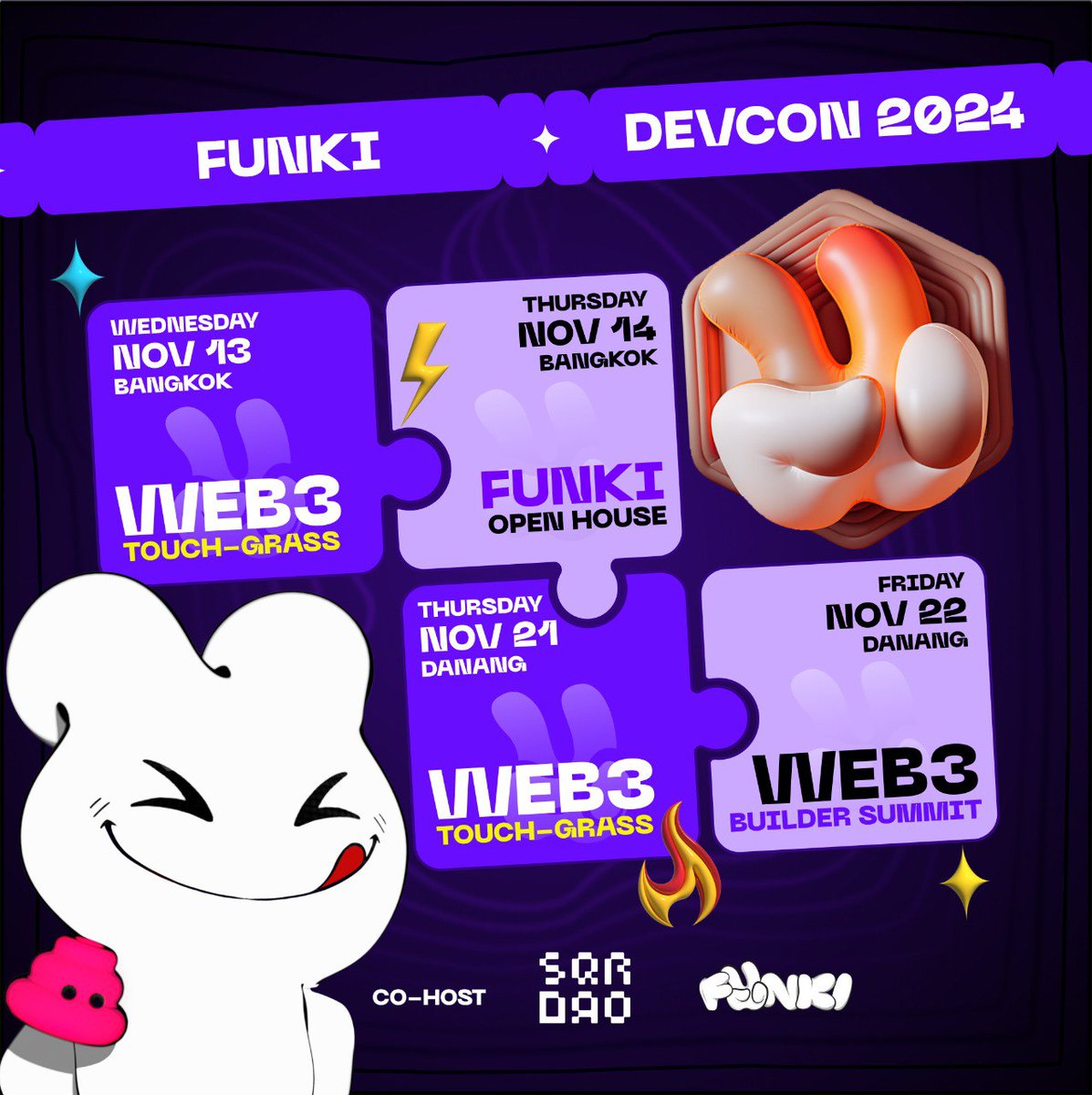 funkichain's tweet photo. Funki x Devcon 2024 🇹🇭

Funki's fever is coming ✌🏻🐇

You are invited! 🫵