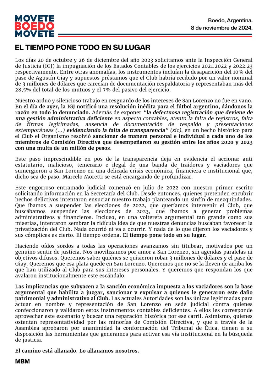 QUEREMOS LOS CARNETS

La IGJ falló a favor de nuestras denuncias contra los Balances 2021.22 y 2022.23, sancionando económicamente de manera INDIVIDUAL a todos los miembros de Comisión Directiva del periodo 2020-2023

De esta manera, se allana el camino para expulsarlos del Club.
