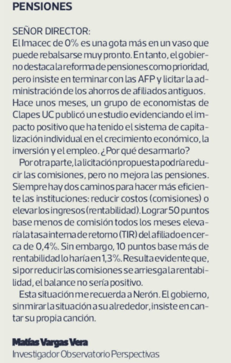 📌 Muy importante es mantener las comisiones competitivas
📌 Y más aún lo es cuidar la rentabilidad
<a href="/mvargasv6/">Matías Vargas</a> en <a href="/latercera/">La Tercera</a> señala que la clave para el afiliado es la TIR, más sensible a los ingresos que a los costos. 
💡 Cuidado con la licitación de stock
<a href="/PerspectivasObs/">Observatorio Perspectivas</a>