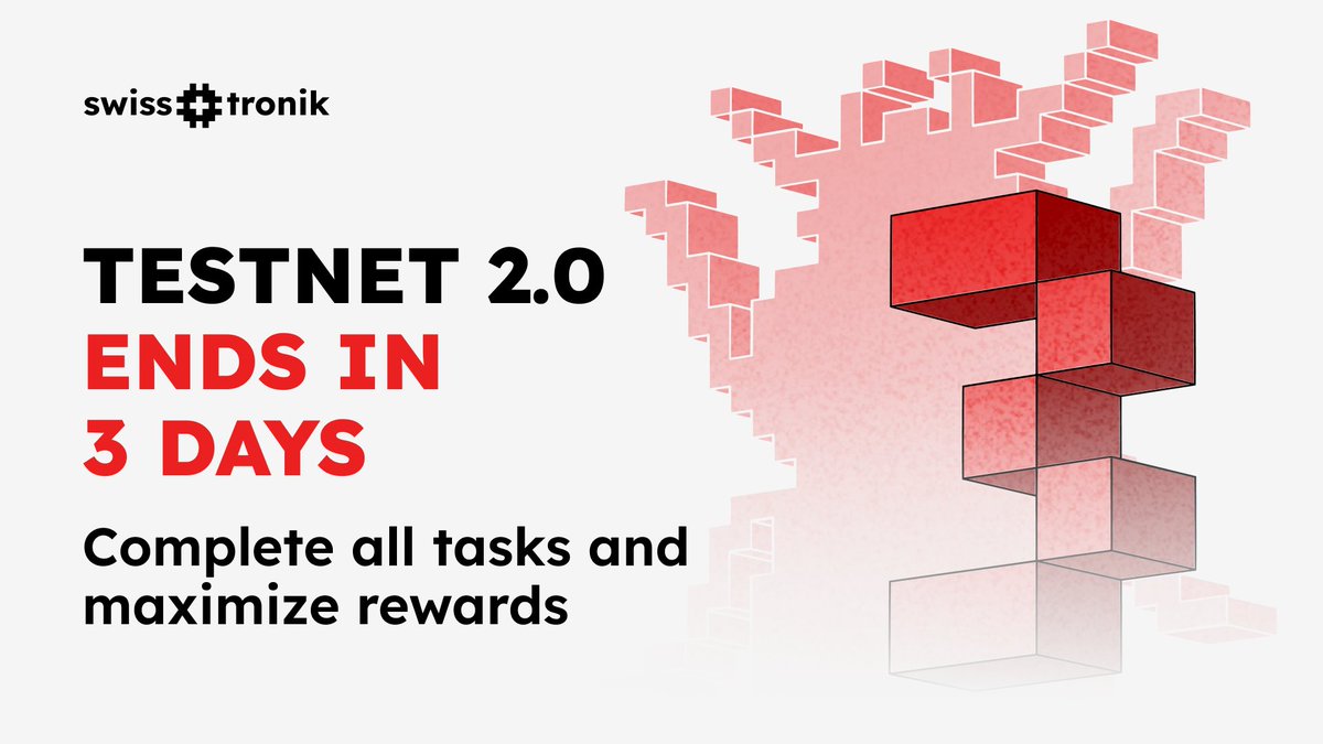 swisstronik's tweet photo. 🚨 Testnet 2.0 closes in 3 days, on November 11 🚨

⏳ Time is running out - here’s how you can still participate:

1️⃣ Solve Testnet 2.0 quests and earn points: https://t.co/WvZ3aQ0gyF
2️⃣ Watch our video guides to complete the tasks faster: https://t.co/jMy47lNhZo
3️⃣ Get more info about Testnet 2.0: https://t.co/axn1fH0F5i

🔜 We'll be back soon with final instructions and important reward information.