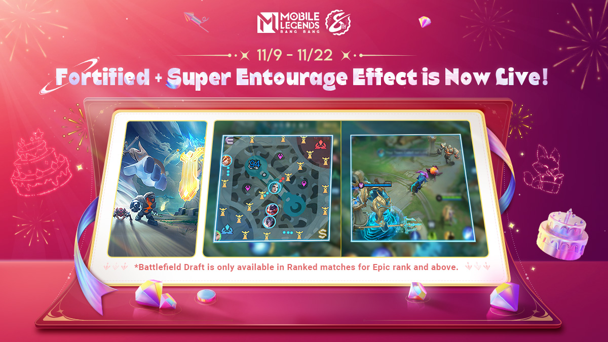 MobileLegendsOL's tweet photo. The results of the fourth Battlefield Draft vote are in!
From 11/9 to 11/22, Fortified + Super Entourage effect is available for a limited time!

#MobileLegendsBangBang
#MLBB8th https://t.co/s2OcR7kspm