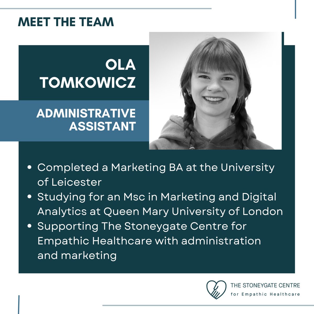 Empathy_Centre's tweet photo. MEET OUR… Administrative Assistant – Ola Tomkowicz.

Ola has recently joined us and we're delighted to welcome her to our team!

🔗 To find out more visit https://t.co/C43BCS5qOj

#transformativehealthcare @JeremyHowick @uniofleicester @LeMedSchool @QMUL https://t.co/p6dShzCdFt