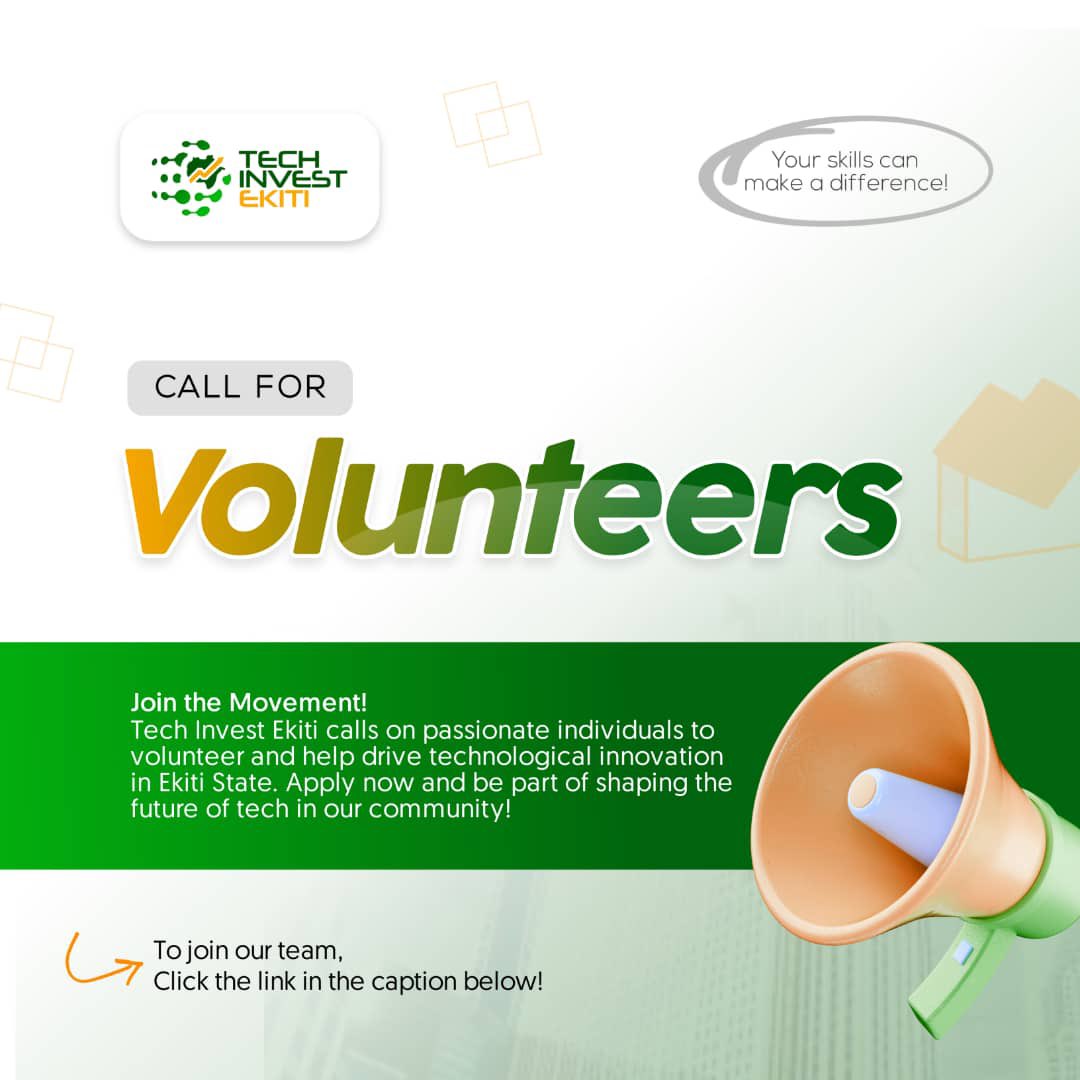 Join the Movement!
Tech Invest Ekiti calls on passionate individuals to volunteer and help drive technological innovation in Ekiti State. Apply now and be part of shaping the future of tech in our community!

forms.gle/r3KTY4VcUSw267…