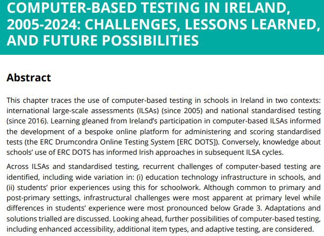 Aidan Clerkin (@clerkinclerkin) on Twitter photo Lovely to see this new chapter (with <a href="/emereilean/">Emer Delaney</a>, Adrian O’Flaherty, Rachel Perkins & <a href="/cunninra/">Rachel Cunningham</a>) in the 2024 CIDREE Yearbook! We describe the evolution of digital assessment in Ireland over 20 years in PISA, TIMSS, PIRLS & national standardised tests:
👉🏻 lnkd.in/eDZRSQY3 Lovely to see this new chapter (with <a href="/emereilean/">Emer Delaney</a>, Adrian O’Flaherty, Rachel Perkins & <a href="/cunninra/">Rachel Cunningham</a>) in the 2024 CIDREE Yearbook! We describe the evolution of digital assessment in Ireland over 20 years in PISA, TIMSS, PIRLS & national standardised tests:
👉🏻 lnkd.in/eDZRSQY3