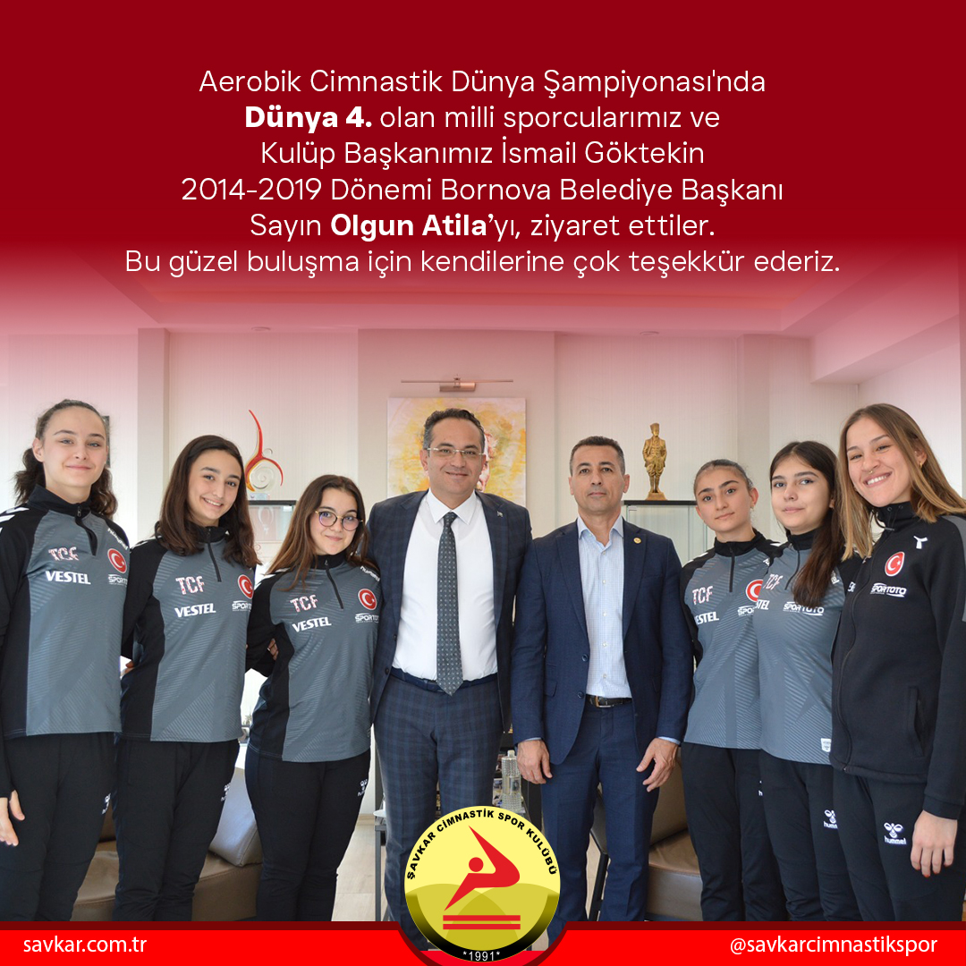 Aerobik Cimnastik Dünya Şampiyonası'nda
Dünya 4. olan milli sporcularımız ve Kulüp Başkanımız İsmail Göktekin, 2014-2019 Dönemi Bornova Belediye Başkanı Sayın Olgun Atila’yı, ziyaret ettiler. Bu güzel buluşma için kendilerine çok teşekkür ederiz.

<a href="/olgunatila/">Olgun Atila</a>