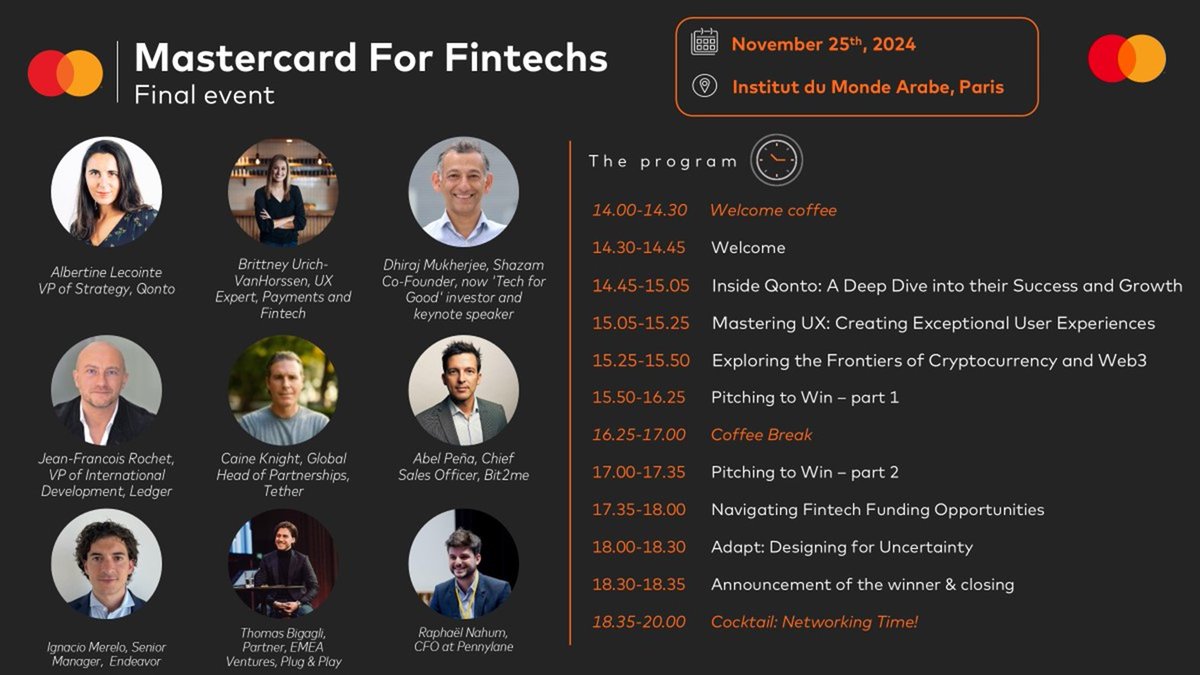La grande finale de #MastercardForFintechs 2024 arrive à grands pas !

Après un voyage passionnant à travers l'Europe de l'Ouest, nous sommes ravis d'accueillir la finale de Mastercard For Fintechs à Paris le lundi 25 novembre 🇫🇷

Cet événement spécial rassemblera l'ensemble de