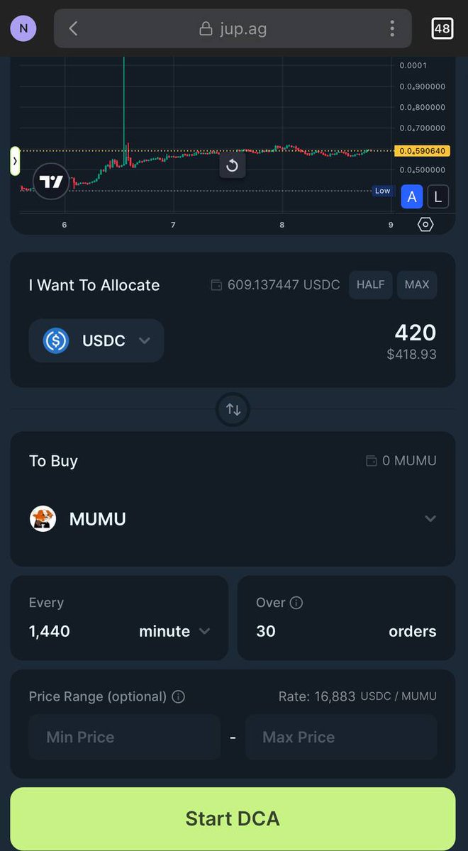 pangb0y's tweet photo. I did some analysis

If we get 10,000 people to DCA $100/week or $14/day into $MUMU

We will be at 100 billion in 2025 and 1 trillion at 2030, so I'm rallying the BULLS now

Instructions:
- Go to Jupiter DCA input $420 for a whole month
- Set minutes to 1440, set orders to 30
- Repeat monthly
- Drop Screenshot BELOW to support