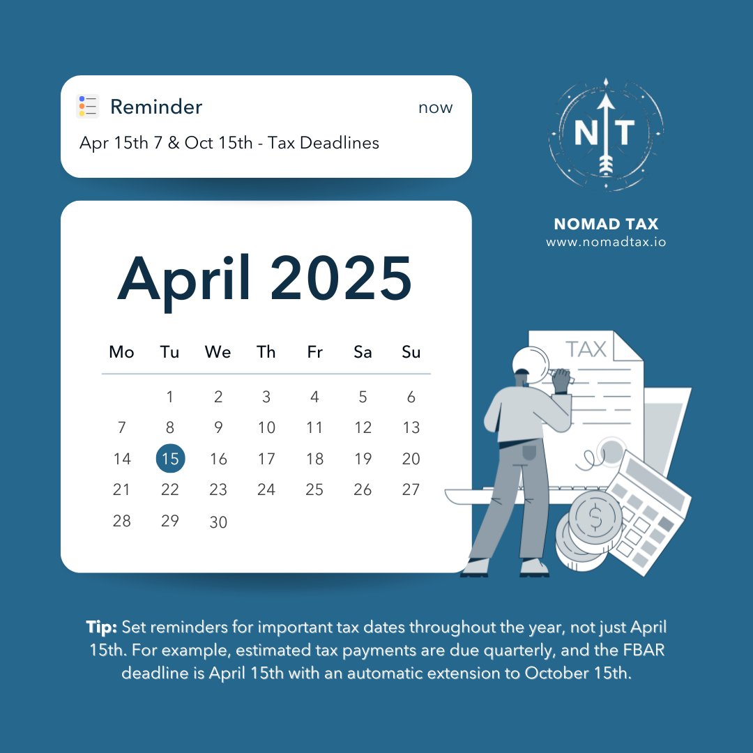 Staying on top of tax deadlines is key to avoiding stress and penalties! 🗓️ What’s your method for tracking important dates? Need a tax timeline tailored to your nomadic life? Nomad Tax can help! #TaxTipTuesday #TaxDeadlines #FinancialPlanning