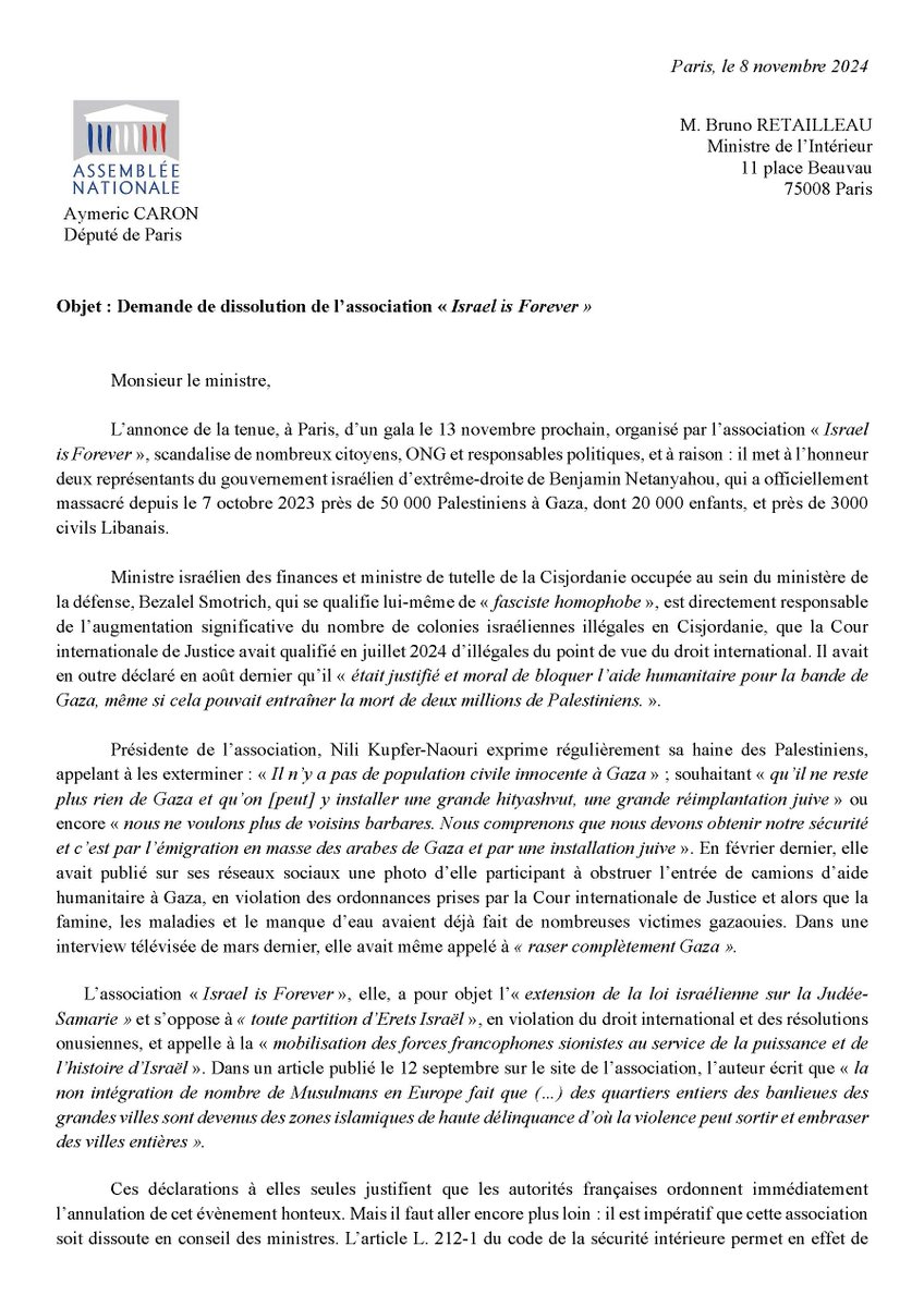 CaronAymericoff's tweet image. Je viens d’écrire au ministre de l’Intérieur @BrunoRetailleau pour demander la dissolution de l’association Israël Is Forever, qui organise la venue en France du fasciste israélien Bezalel Smotrich et dont la présidente @NaouriNili appelle au nettoyage ethnique à Gaza.…