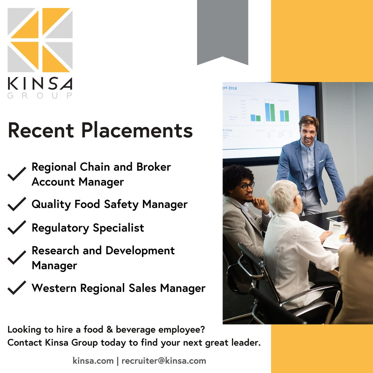 KinsaGroup's tweet image. We’re excited to share recently filled key positions for our clients in the food and beverage industry! 

Visit our Top Food &amp;amp; Beverage Talent page to discover exceptional candidates ready for immediate interviews and hire: ow.ly/IZNK50TZx95 

#FoodAndBeverage #JobPlacement