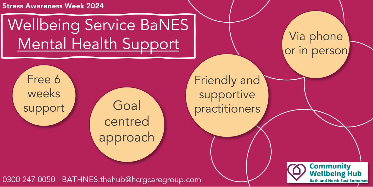 #stressawarenessweek The Wellbeing Service has a short term mental health service providing in person or telephone support. There is never any shame talking about and getting support for mental health so don't hesitate to reach out  0300 247 0050 bathnes.thehub@hcrgcaregroup.com