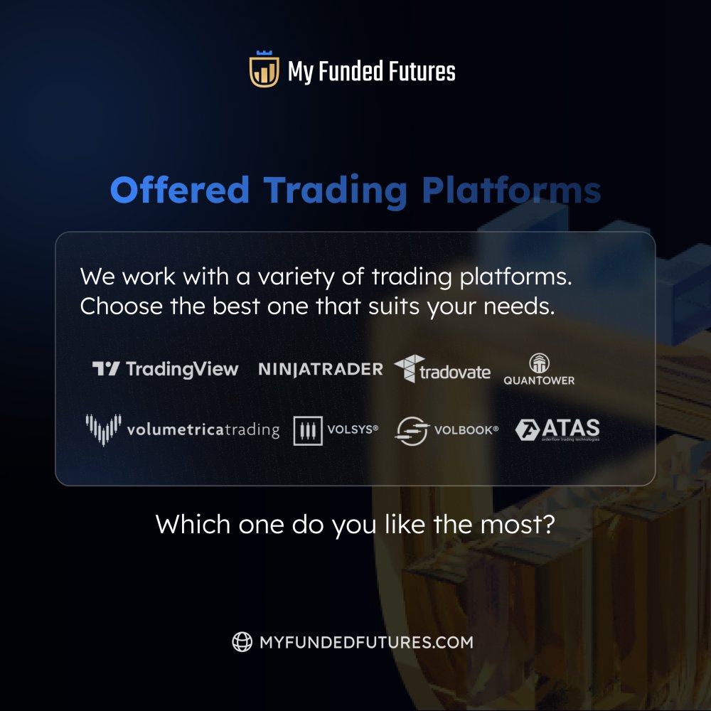 Our Offered Trading Platforms:

CQG:

- TradingView
- Tradovate
- Ninjatrader

dxFeed:

- Volumetrica
- VolSys
- VolBook
- Quantower
- ATAS

Which one do you like the most?

myfundedfutures.com