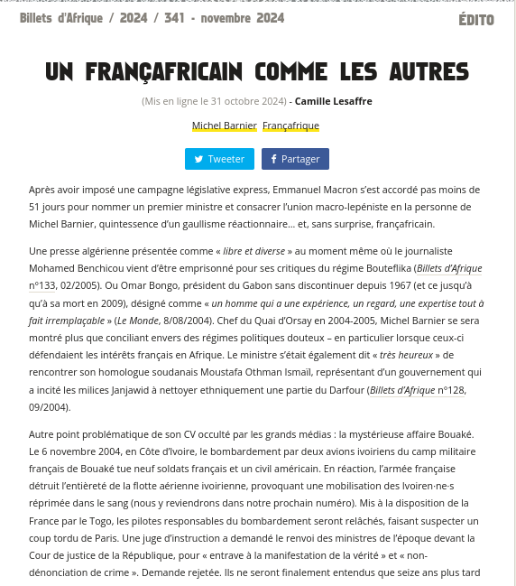 Validation de régimes douteux protecteurs des intérêts français en Afrique, amnésie sur les crimes de 2004 en Côte d'Ivoire, réanimation de la proposition de suppression du droit du sol à Mayotte...

📝 Michel Barnier : un Françafricain comme les autres survie.org/billets-d-afri…