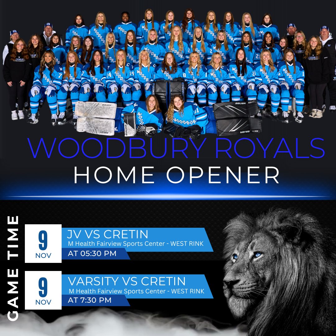 Don't miss out on the Royal's Home Opener on Saturday, November 9th! JV takes the ice at 5:30PM, followed by Varsity at 7:30PM.  Head out to the rink to cheer on the Royals as they take on Cretin Derham Hall!!  #rollroyals #homeopener