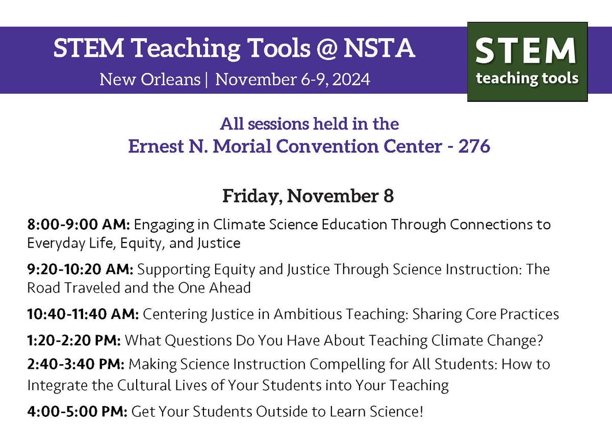 Philip Bell (@philiplbell) on Twitter photo Welcome to Friday at #NSTAFall24!
The <a href="/UW/">University of Washington</a> <a href="/STEMTeachTools/">STEM Teaching Tools</a> team has a broad set of sessions today on #ClimateJustice ed, equity work in #SciEd, cultural pedagogy & outdoor #SciEd for ecological caring!
Join us in Conv Ctr 276!
FULL SESSION LIST:
➡️ my.nsta.org/conferences/se… Welcome to Friday at #NSTAFall24!
The <a href="/UW/">University of Washington</a> <a href="/STEMTeachTools/">STEM Teaching Tools</a> team has a broad set of sessions today on #ClimateJustice ed, equity work in #SciEd, cultural pedagogy & outdoor #SciEd for ecological caring!
Join us in Conv Ctr 276!
FULL SESSION LIST:
➡️ my.nsta.org/conferences/se…