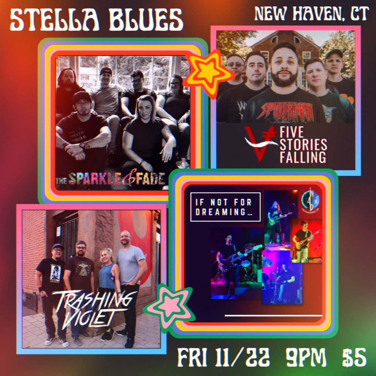 The Sparkle and Fade (@thesparkle_fade) on Twitter photo NEXT UP FOR S&F! 11/22 at Stella Blues in New Haven, CT!
We're gonna be playing some rock and roll goodness for the soul (because we need that right now!!) along with our friends in @trashingviolet , @ifnotfordreaming , and @fivestoriesfallingct 
9pm - 1am
21+ NEXT UP FOR S&F! 11/22 at Stella Blues in New Haven, CT!
We're gonna be playing some rock and roll goodness for the soul (because we need that right now!!) along with our friends in @trashingviolet , @ifnotfordreaming , and @fivestoriesfallingct 
9pm - 1am
21+