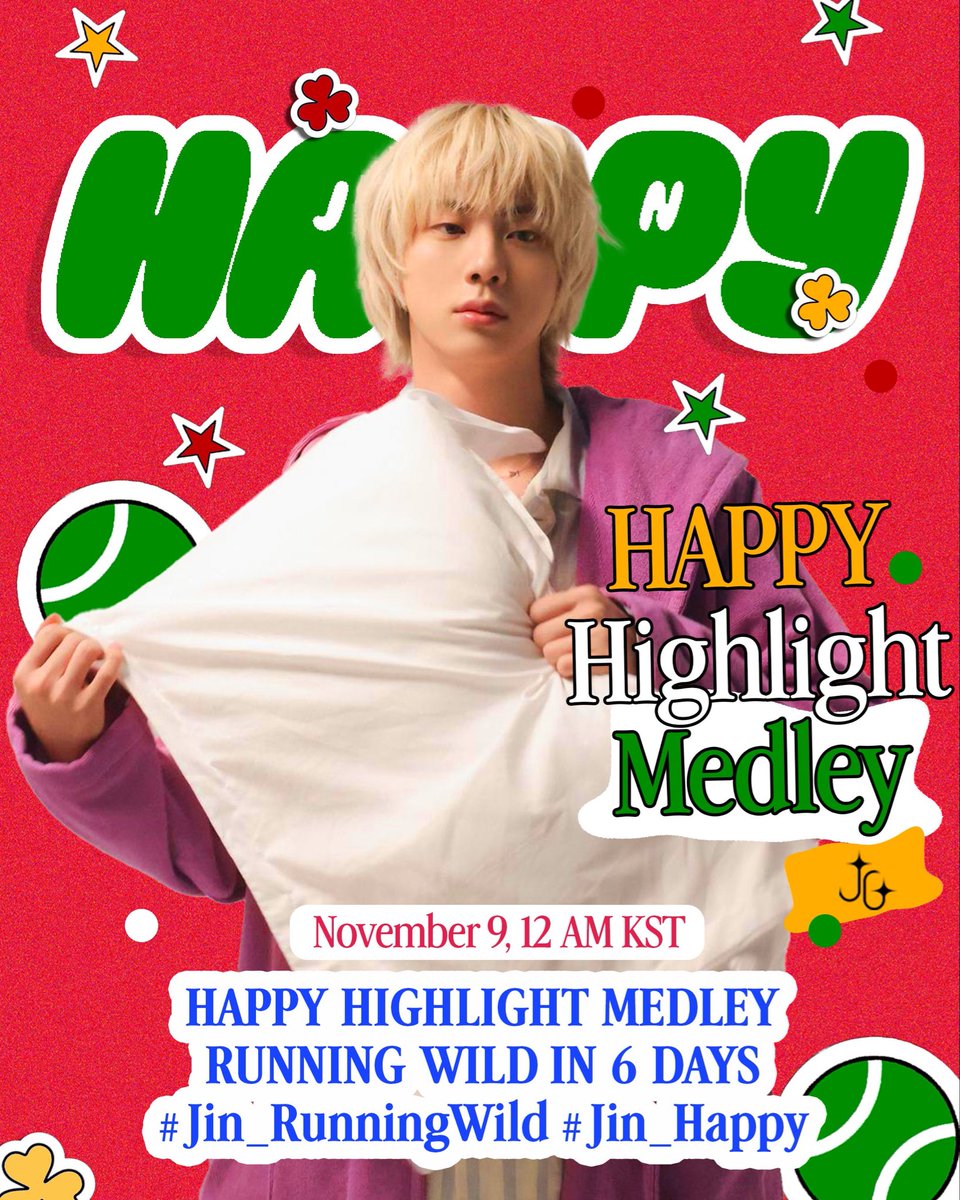 6 روز تا انتشار آلبوم Happy

HAPPY HIGHLIGHT MEDLEY
RUNNING WILD IN 6 DAYS
#Jin_RunningWild #Jin_Happy