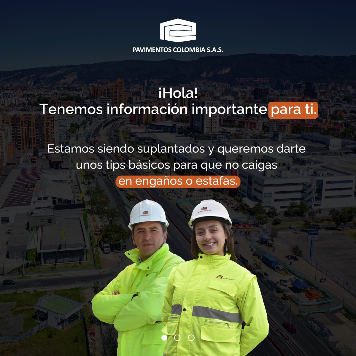 PavcolSAS's tweet photo. ¡Atención! Por favor no se deje engañar ⚠ 

Pavimentos Colombia nunca solicitará documentación anticipada o dinero para cursos de altura, exámenes médicos, radiografías, certificaciones, entre otros, para sus procesos de selección. No te dejes engañar ni caigas en estafas. https://t.co/pi4qyXMv0G