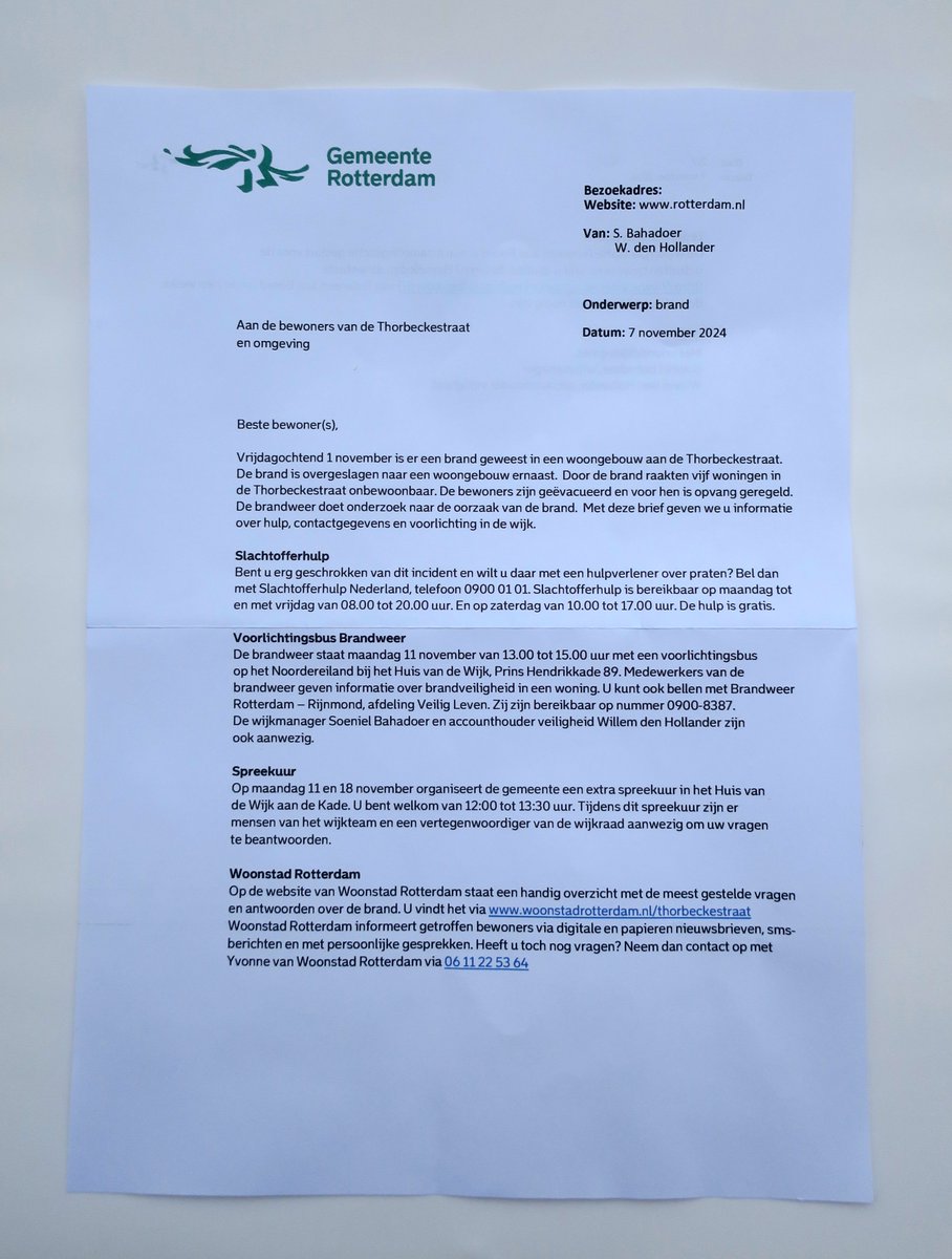 Nazorg op het Noordereiland na brand in Thorbeckestraat