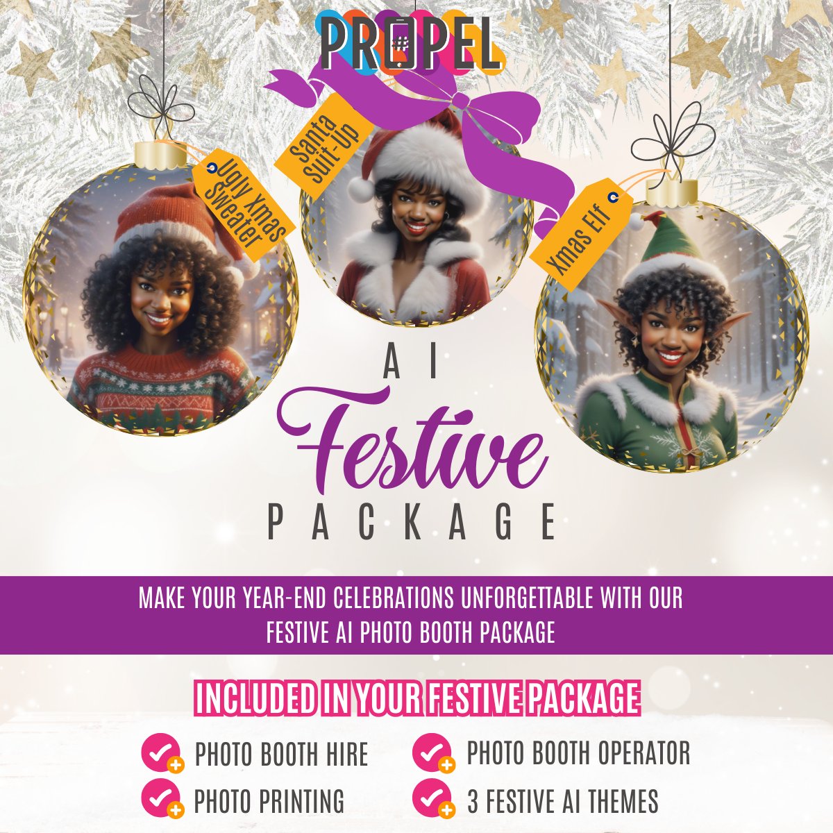 PropelPB's tweet photo. Capture the holiday spirit with our AI Festive Photo Package! Using artificial intelligence, enjoy fun themes like Santa Suit-Up, Xmas Elf, and Ugly Xmas Sweater for memorable photos.
📷 Book Your AI-Powered Festive Experience Today! https://t.co/7izKhulNTs
