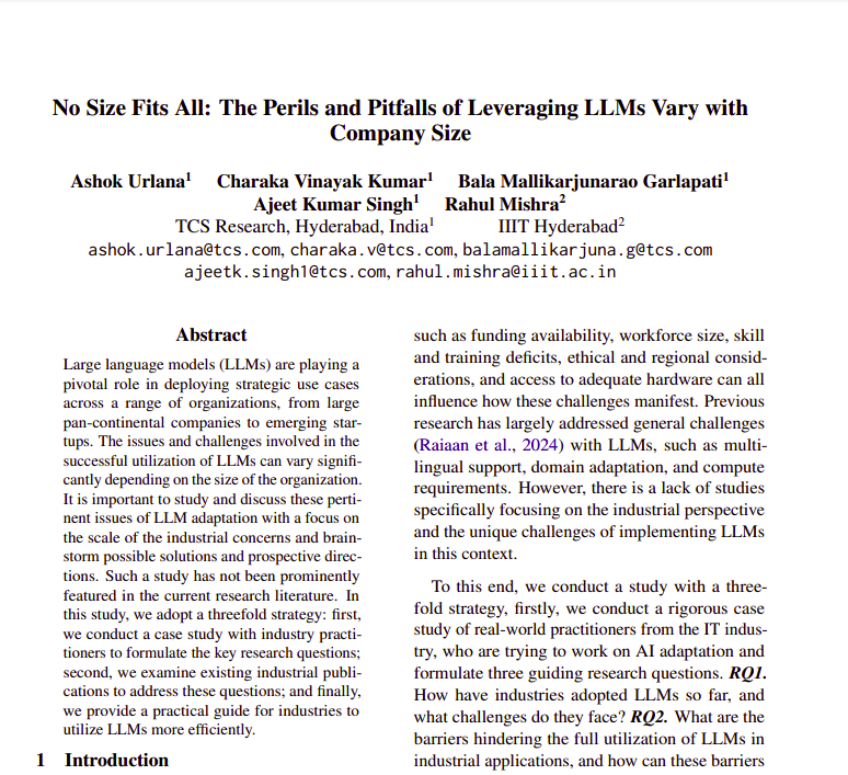 ashokurlana's tweet photo. Thrilled to announce that our work "No Size Fits All: The Perils and Pitfalls of Leveraging LLMs Vary with Company Size" has been accepted to @coling2025 (Industry track). Congrats to co-authors Vinayak, Bala, Ajeet, @robustrahul.
Pre-print: https://t.co/xW9VtlMunA https://t.co/rb1dscmHlW