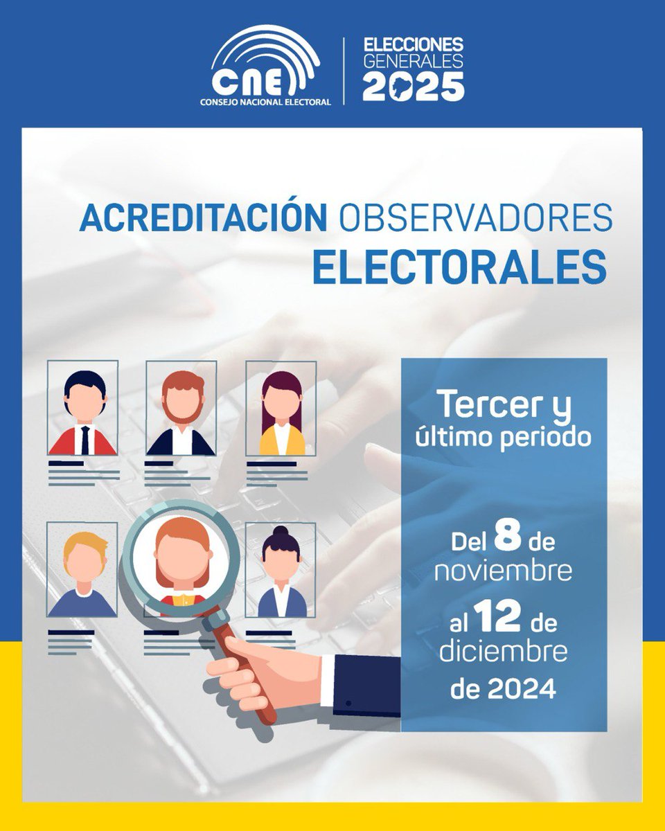 ATENCIÓN 📢

¡Se abre el tercer periodo de acreditación para #ObservadoresElectoralesEc! 🔍🇪🇨

Desde hoy, hasta el 12 de diciembre, tienes la oportunidad de inscribirte y ser parte de la observación nacional en las #Elecciones2025Ec. 🗳️

Descarga los formularios:⤵️