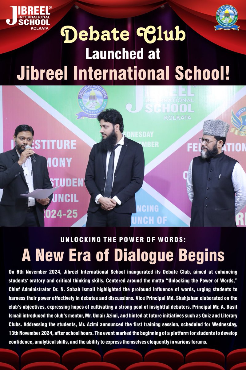 DrSabahNadvi's tweet image. Debate Club Launched at Jibreel International School!

On November 6, 2024, we proudly inaugurated our Debate Club, ushering in a new era. 

#DebateClub #JibreelInternationalSchool #UnlockingThePowerOfWords #StudentEmpowerment #Dialogue