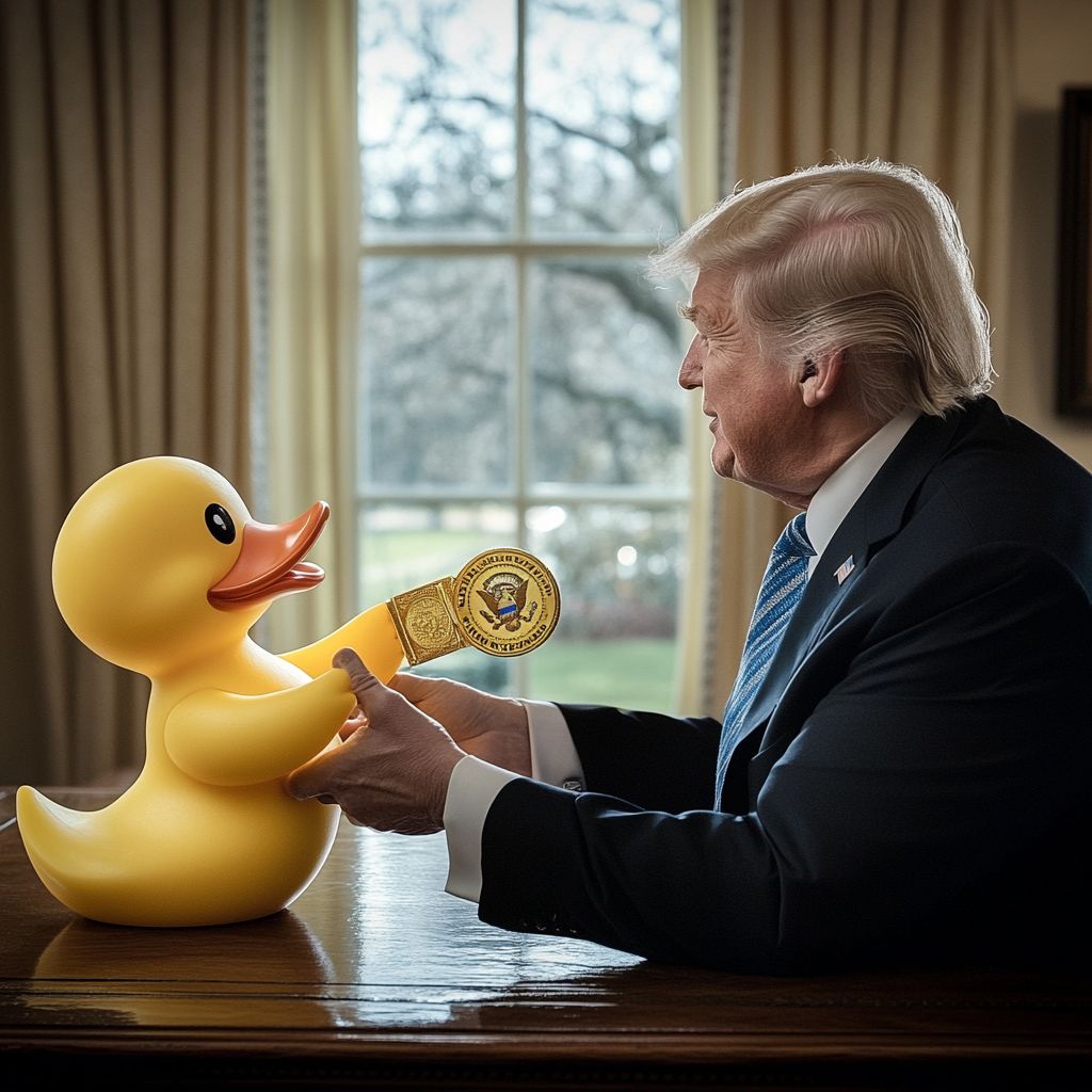 dao_duck's tweet photo. DuckDAO honors @realDonaldTrump with a medal and honorary membership for life for his tireless fight to make crypto great again. 

Winning after a long struggle against the system, his dedication and perseverance have paid off! https://t.co/72V1TLcMM5
