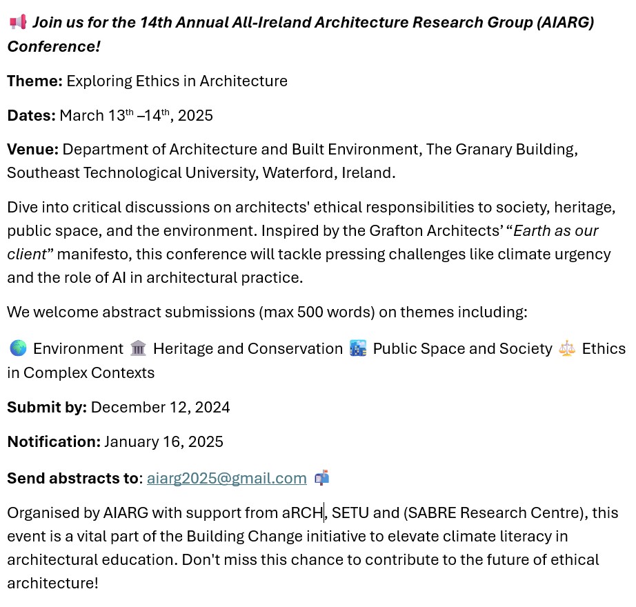 AIARG 2025 (@aiarg2025) on Twitter photo 🌍 Join us at the 14th Annual AIARG Conference!
📅 March 13–14, 2025
📍 SETU, Waterford, Ireland
🔹 Abstracts (500 words) due by Dec 12, 2024
✉️ Submit: aiarg2025@gmail.com 🌍 Join us at the 14th Annual AIARG Conference!
📅 March 13–14, 2025
📍 SETU, Waterford, Ireland
🔹 Abstracts (500 words) due by Dec 12, 2024
✉️ Submit: aiarg2025@gmail.com