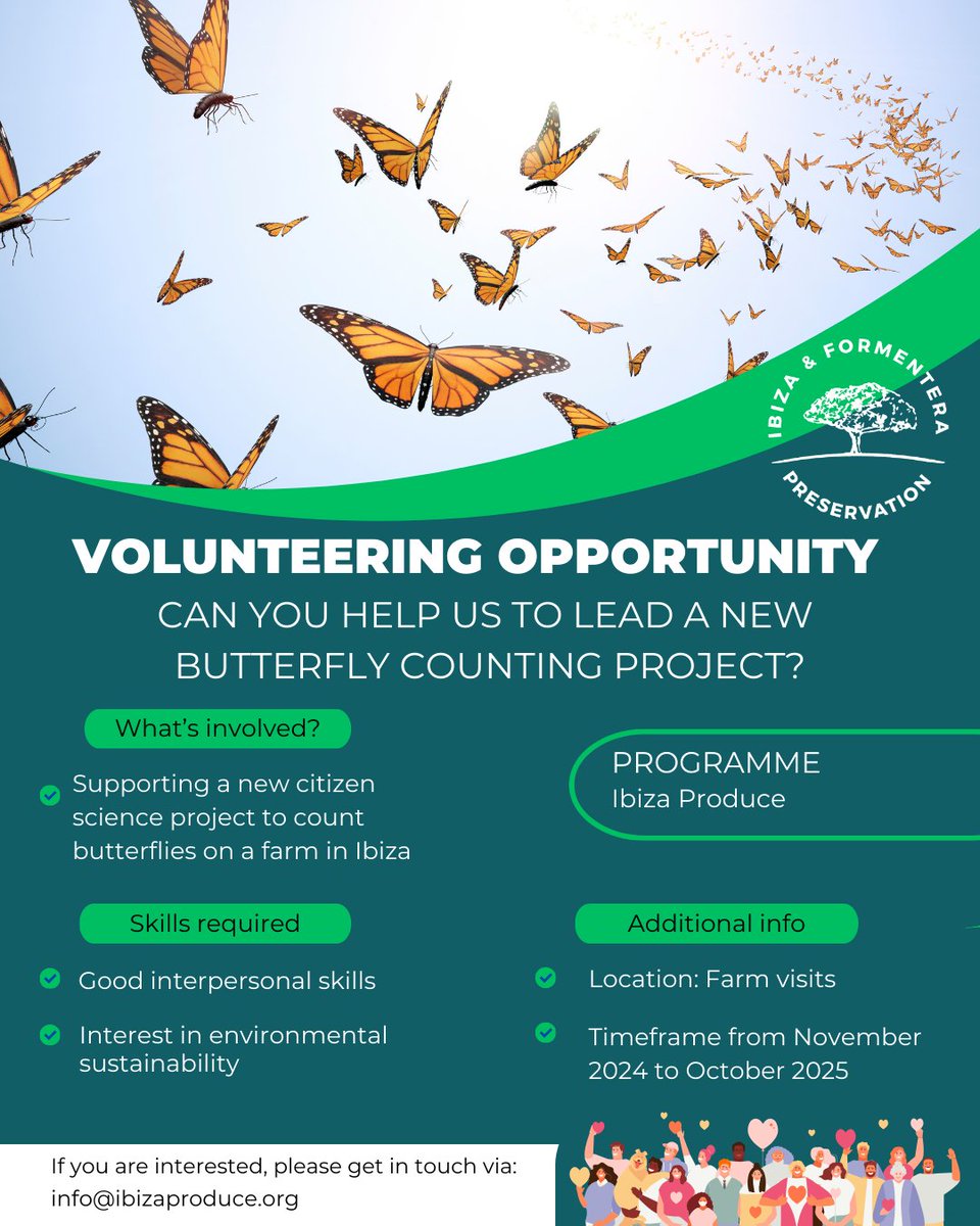 IBZPreservation's tweet image. 📢 OPORTUNIDAD DE VOLUNTARIADO
🦋 Nuevo proyecto de mariposas de Ibiza Produce
📧 Enviar candidaturas a info@ibizaproduce.org

📢 VOLUNTEERING OPPORTUNITY 
🦋 New butterfly project of Ibiza Produce
📧 Expressions of interest to info@ibizaproduce.org