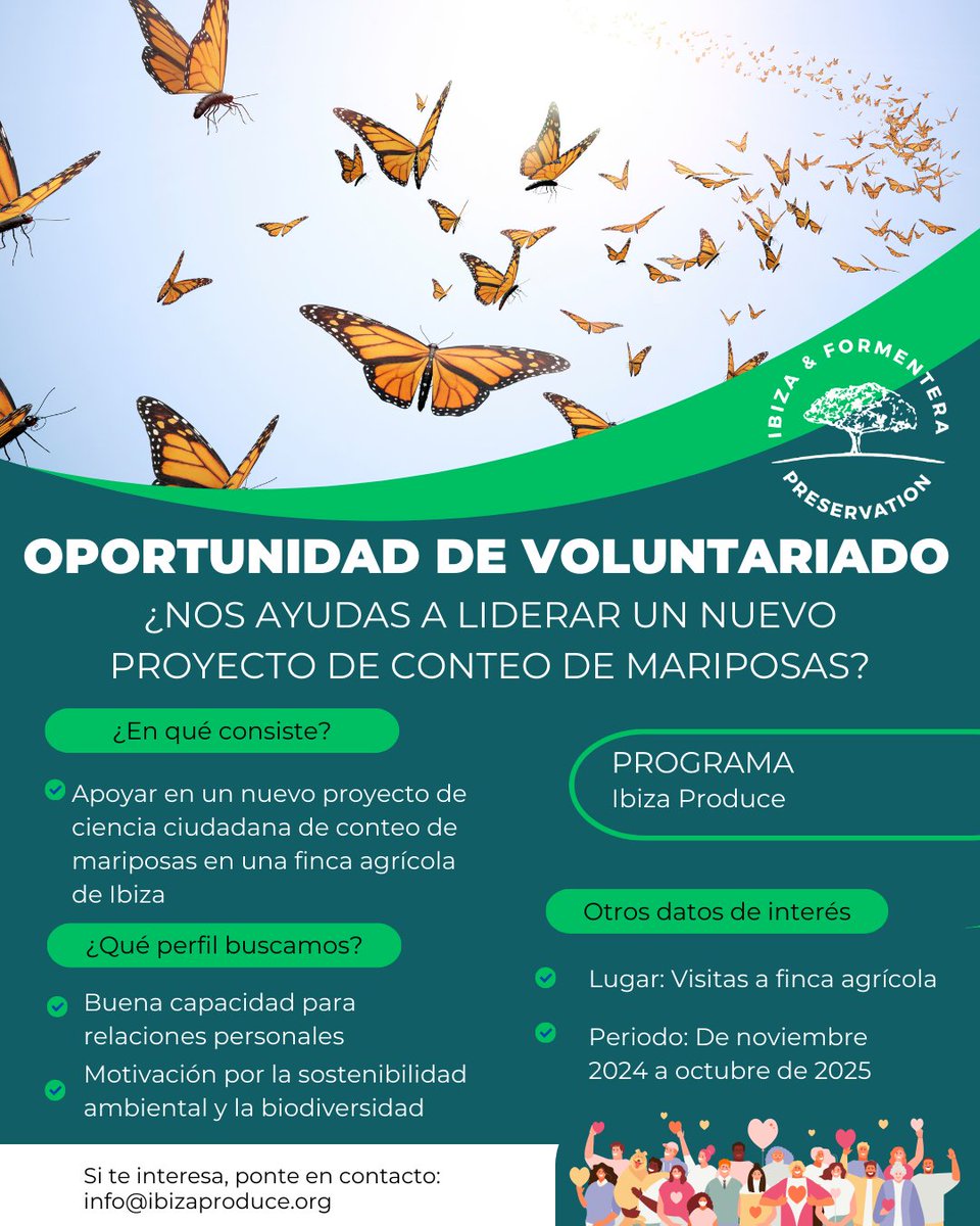IBZPreservation's tweet image. 📢 OPORTUNIDAD DE VOLUNTARIADO
🦋 Nuevo proyecto de mariposas de Ibiza Produce
📧 Enviar candidaturas a info@ibizaproduce.org

📢 VOLUNTEERING OPPORTUNITY 
🦋 New butterfly project of Ibiza Produce
📧 Expressions of interest to info@ibizaproduce.org