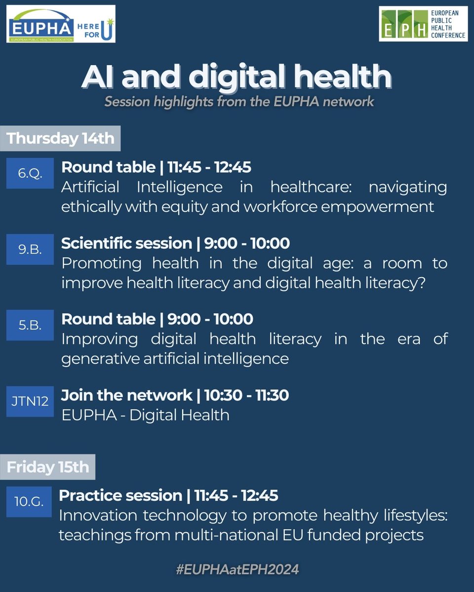 🌟 AI &amp; Digital Health at #EUPHAatEPH2024!

Excited to share EUPHA's sessions on #AI &amp; digital health next week in Lisbon: 🔸 2 Round Tables 🔸 1 Network Session 🔸 1 Practice Session 🔸 1 Scientific Session
Join us to explore the future of healthcare!  #DigitalTransformation