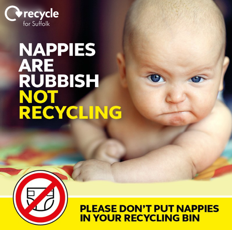 Disposable nappies go in your rubbish bin. 
Never in your recycling bin. 
By keeping nappies out of your recycling, you are helping to keep our recycling clean and good quality! To find out what can go in your recycling bin 👉suffolkrecycling.org.uk/recycling-comp…