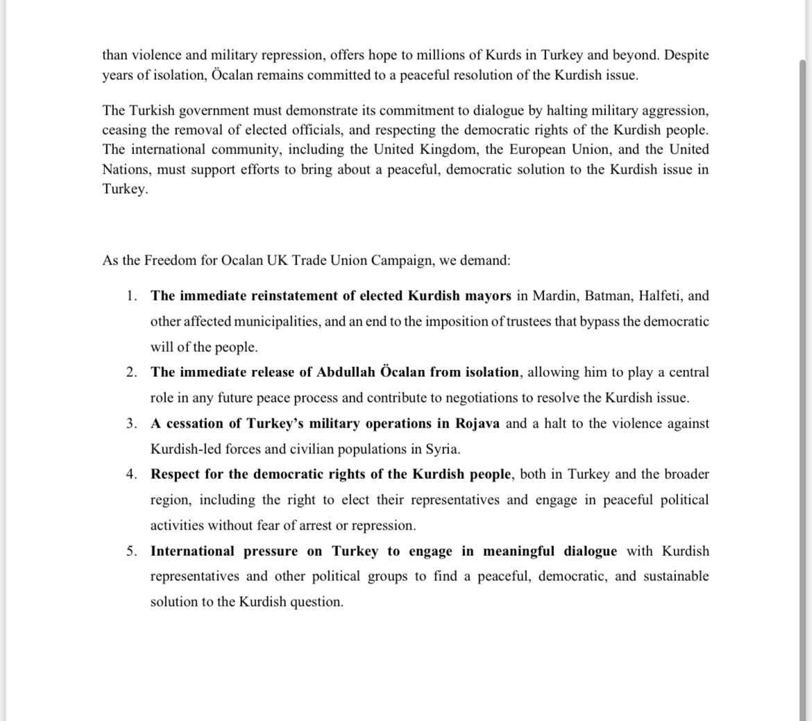 Freedom For Öcalan UK Trade Union Campaign statement of solidarity w/ Kurdish people &amp;demands end to Turkey’s attack on democracy. 

Campaign calls for: immediate reinstatement of Kurdish mayors; end of Öcalan’s isolation; end of attacks on Rojava &amp; respect of democratic rights.