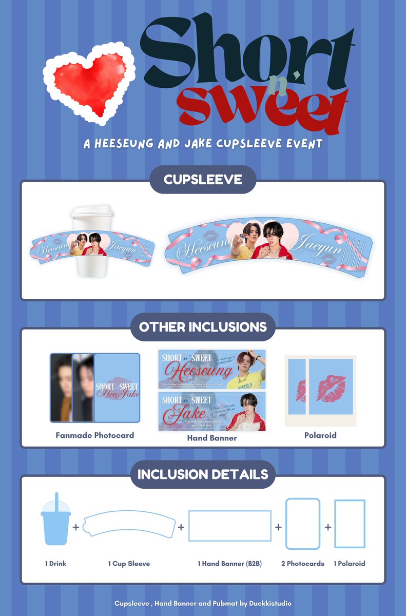 We’re excited to share the basic inclusions of the free kits for the event—and that’s not all! We’ve prepared even more gifts for everyone to claim on D-DAY!

Button pin? Magnets? 🤭

Event registration form is still open. We hope to see you all there!

#SHORTNSWEET_HEEJAKE