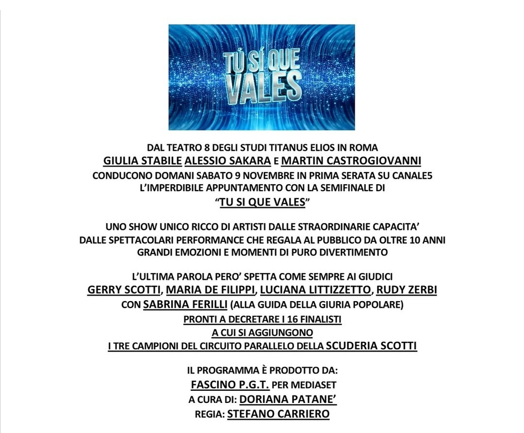 MikeleS03's tweet photo. #GiuliaStabile, #AlessioSakara e #MartinCastrogiovanni conducono domani, in prima serata, su #Canale5, l'imperdibile appuntamento con la semifinale di #TuSiQueVales.
#AscoltiTv #RudyZerbi #MariaDeFilippi #LucianaLittizzetto #GerryScotti #SabrinaFerilli https://t.co/Eh4CcxxB14
